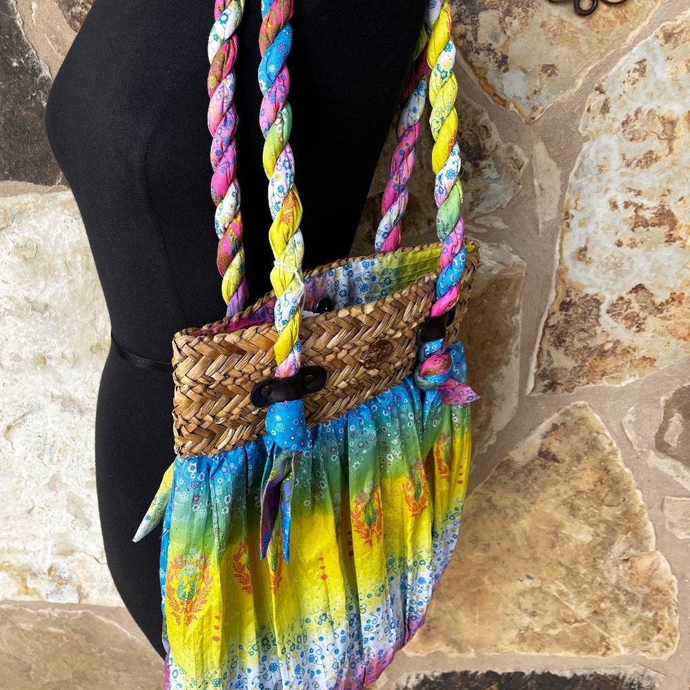 Blue Miami Colorful Shoulder Bag Purse - *Boho *Hippie - Fabric and Straw design